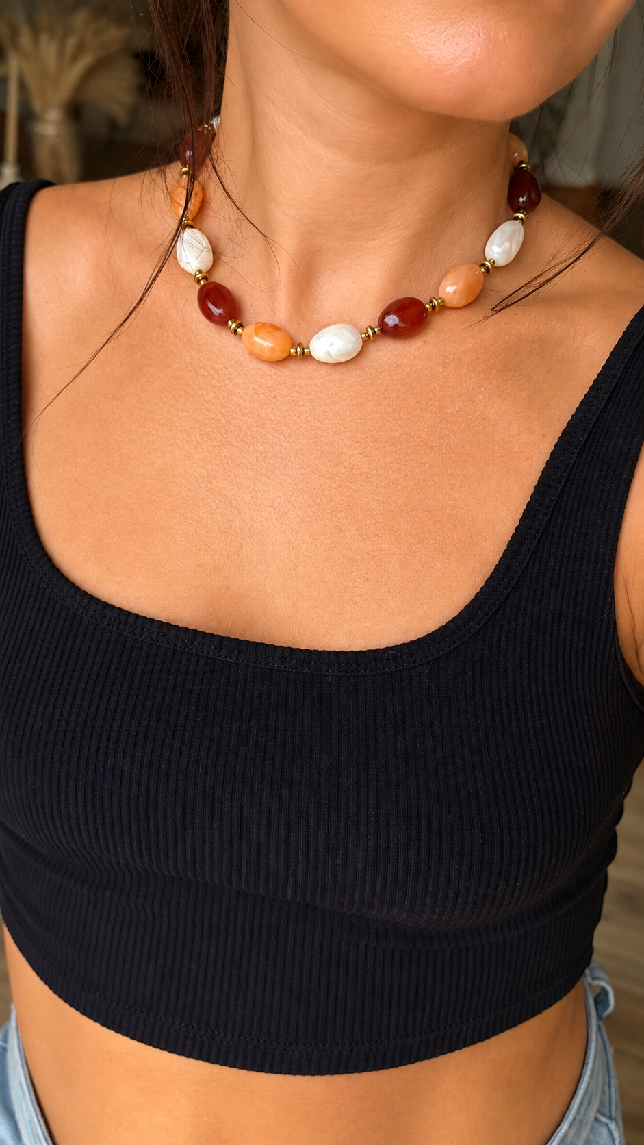 COLLIER PERLES CARAMEL